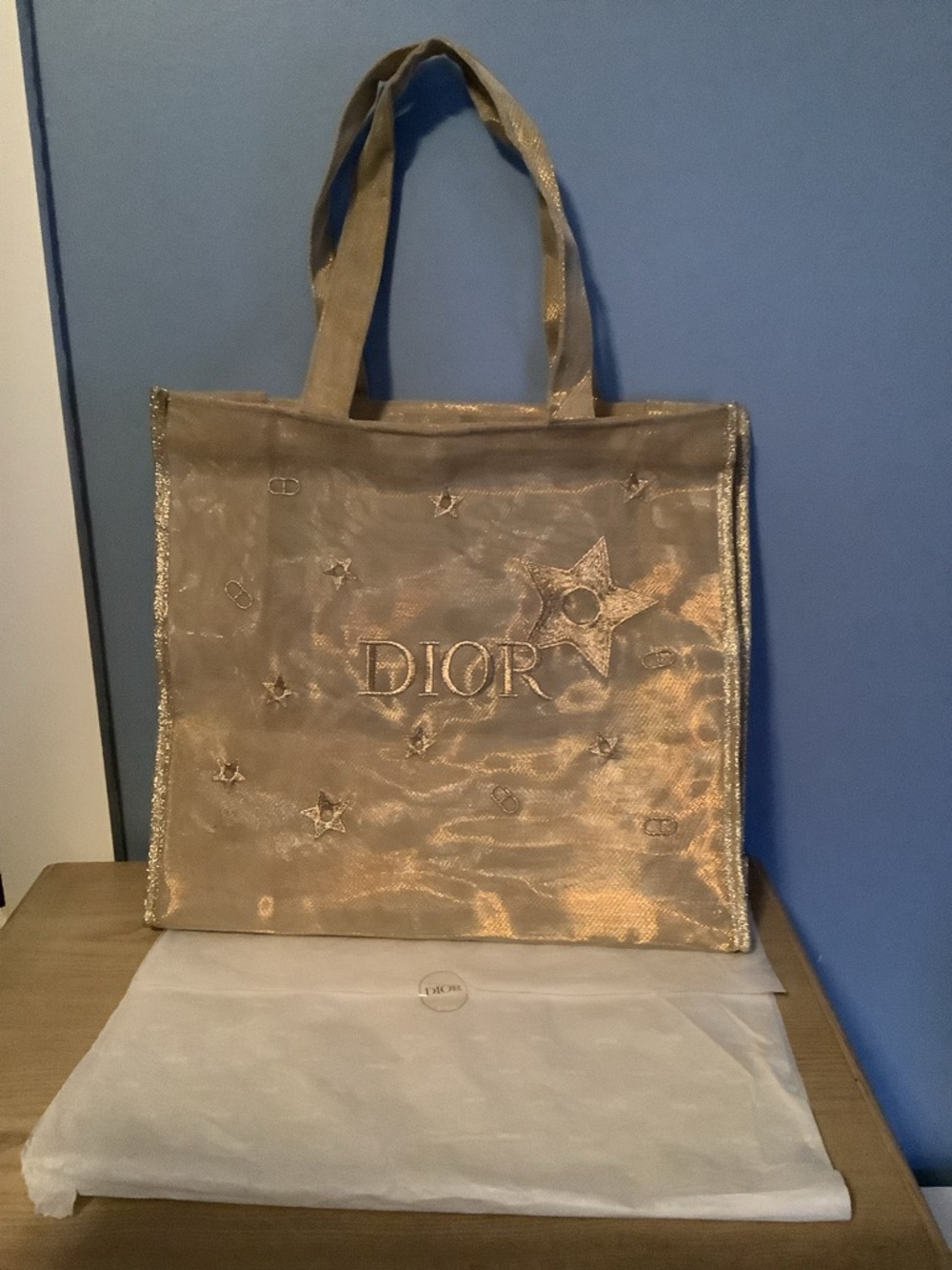 New Dior Metallic Gold Star Embroidered Tote